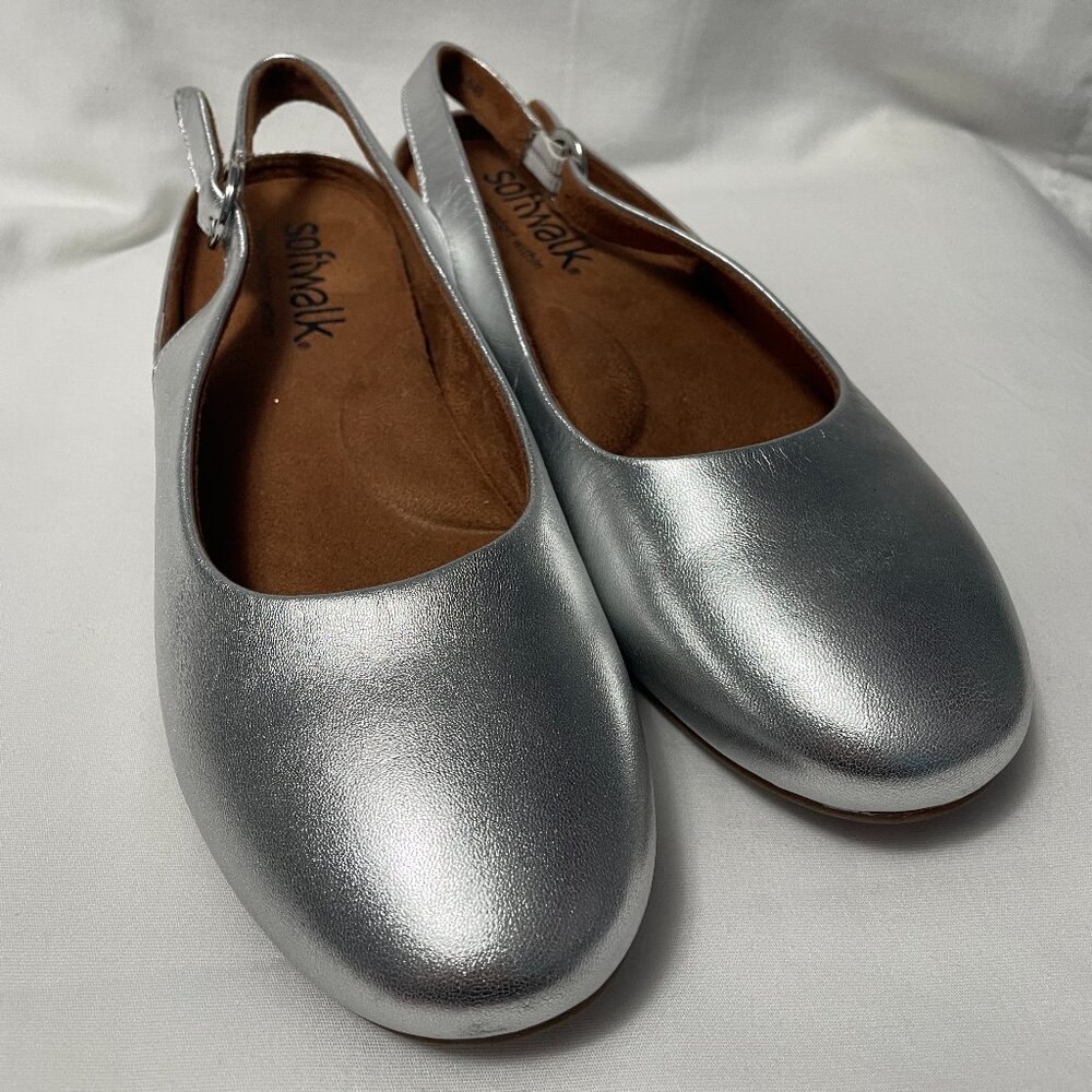 SoftWalk Silver Slingback Flats